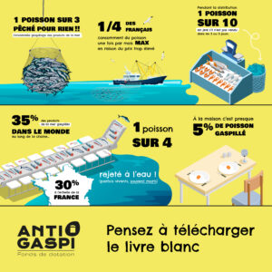 Infographie sur le gaspillage des produits de la mer : taux de pertes à chaque étape de la filière, de la pêche à la consommation. 